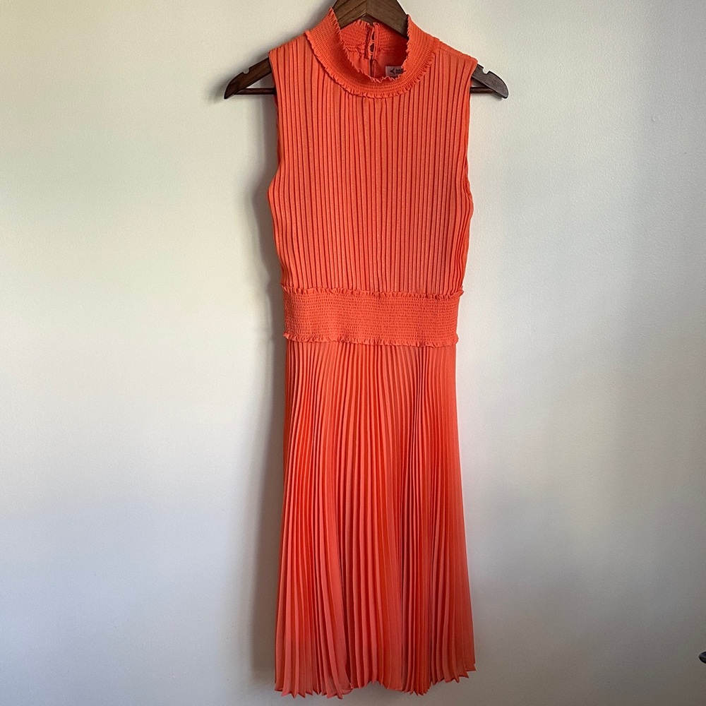 Nanette Lepore Coral and Gold Shimmering Sleeveless Midi Pleated Dress